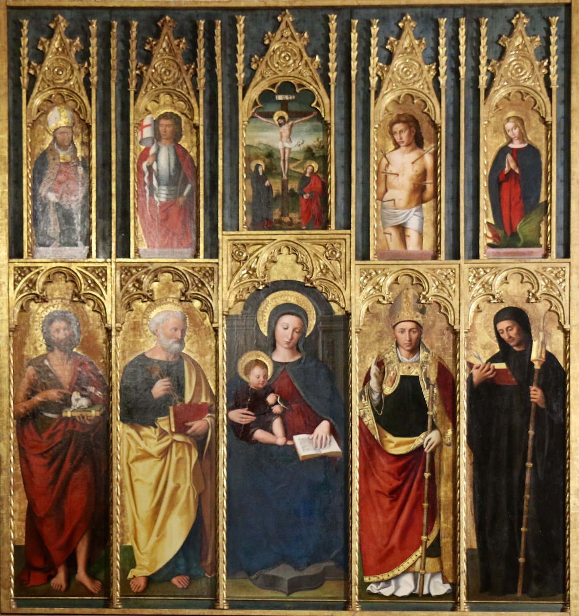 Altaarstuk, 10 schilderijen: Maagd en kind tussen Sint-Jan de Doper en Sint-Pieter, Een bisschop en abt, Christus aan het kruis tussen Sint-Jan en de Maagd, Sint-Maarten en Sint-Victor, Sint-Sebastiaan en Sint-Margareta. door Ludovico Brea