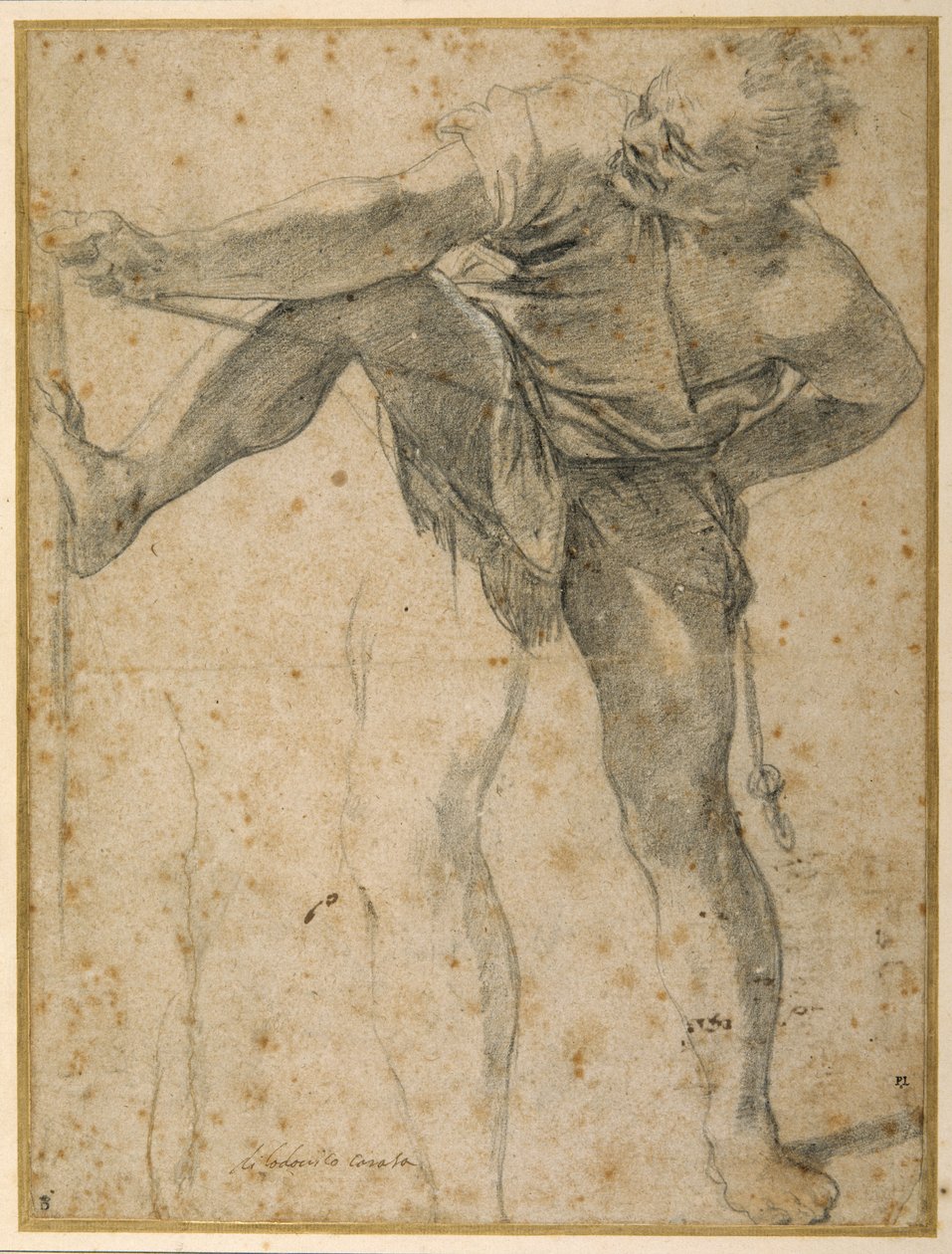 Man die aan een touw trekt, zijn linkerbeen een tweede keer geoefend (zwart krijt op papier) door Ludovico Carracci