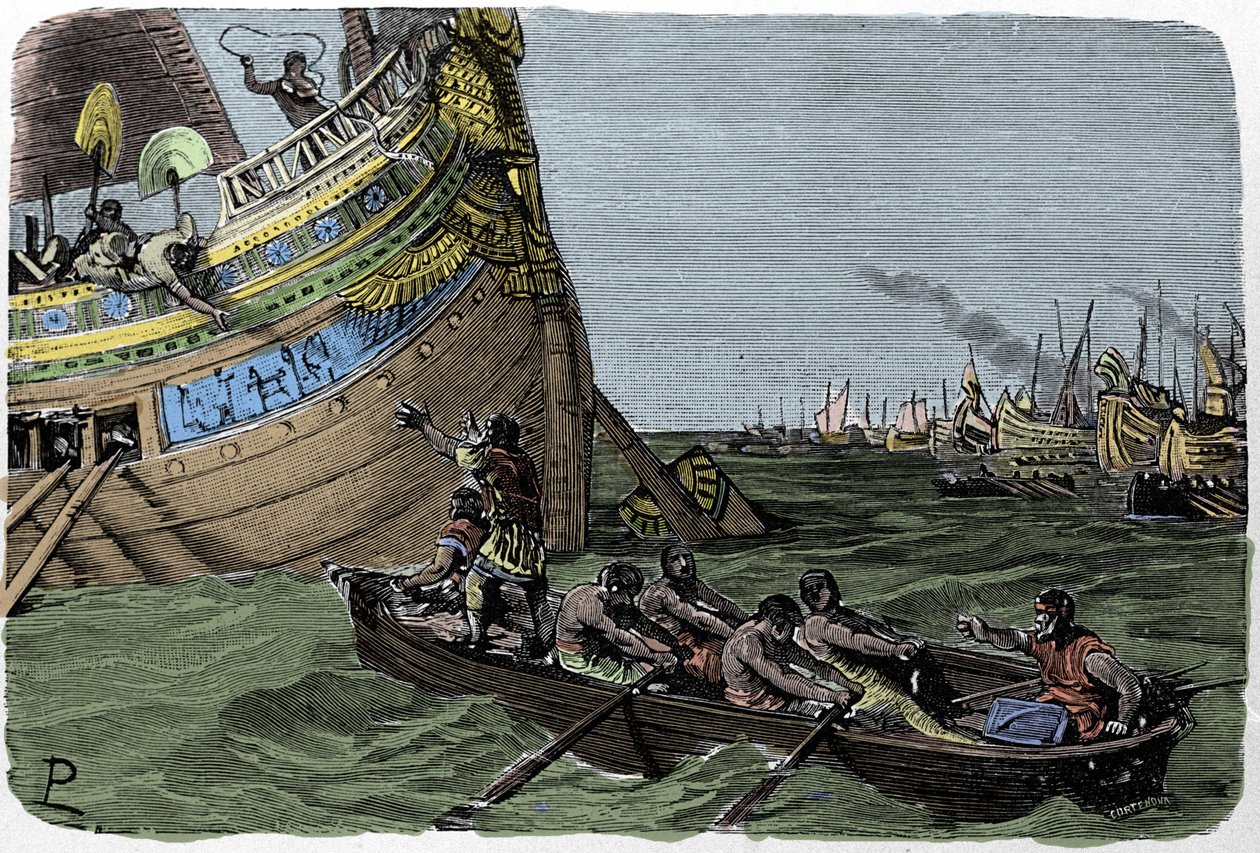 Marc Antoine (83-30 v.Chr.) voegt zich bij Cleopatra (51-30 v.Chr.) na de nederlaag in de Slag bij Actium op 2/09/31 v.Chr., illustratie door Ludovico Pogliaghi uit "Storia d