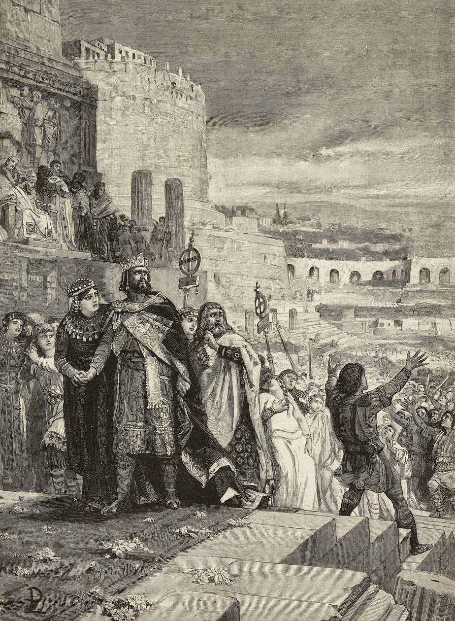 Huwelijk van Ugo en Marozia, huwelijksstoet in aanwezigheid van de paus, gravure door E Mancastroppa naar een schilderij van Lodovico Pogliaghi, uit L