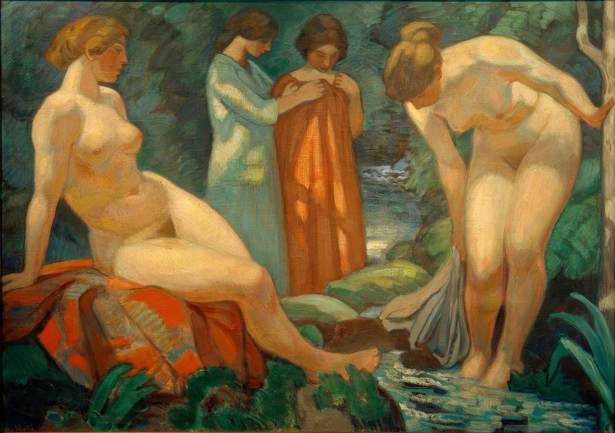 Vrouwen bij de bosbron door Ludwig von Hofmann