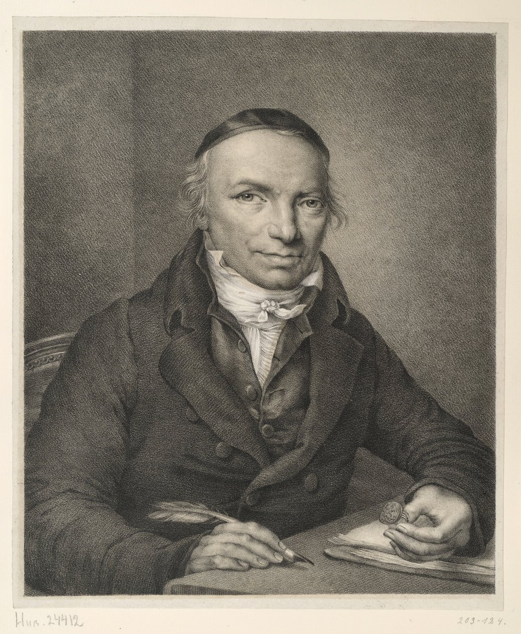 Johann Joachim Bellermann, borstbeeld aan tafel, met een zegelring in de hand door Ludwig Buchhorn