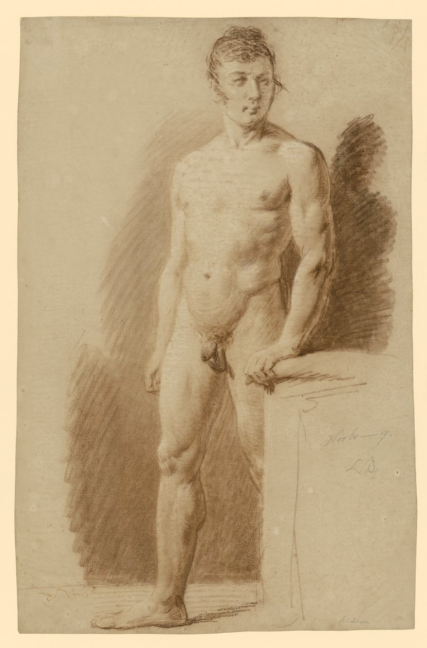 Staand mannelijk naakt, met de linkerhand tegen een sokkel door Ludwig Buchhorn