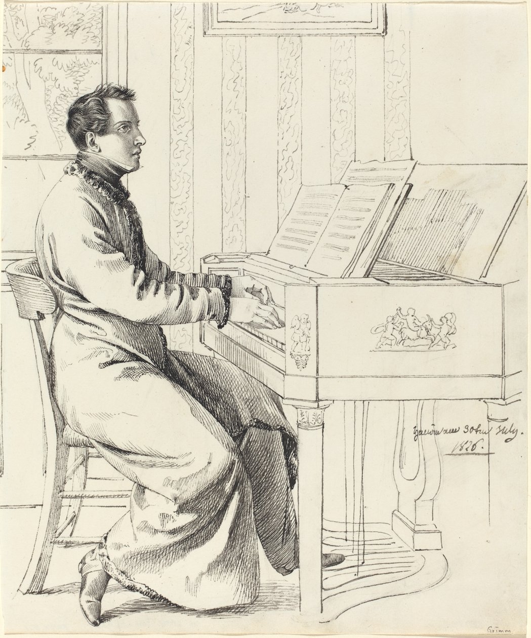 De zwager van de kunstenaar, Ludwig Hassenpflug, bereidt zich voor om piano te spelen, 1826 door Ludwig Emil Grimm
