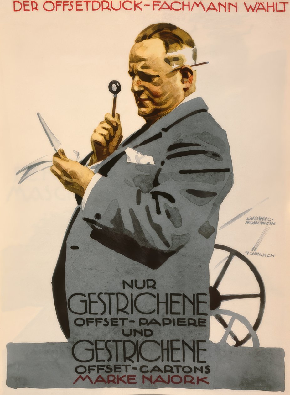 De offsetdruk-specialist kiest alleen gestreken offset-papier (..) merk Najork door Ludwig Hohlwein