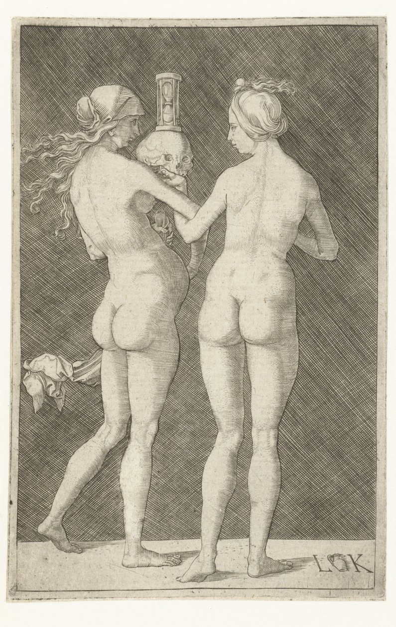 Twee naakte vrouwen met schedel en zandloper door Ludwig Krug