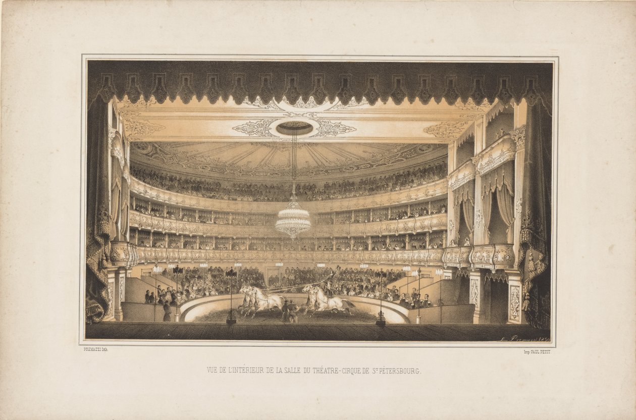 Interieur van het Paardencircustheater in Sint-Petersburg, 1850 door Ludwig Premazzi