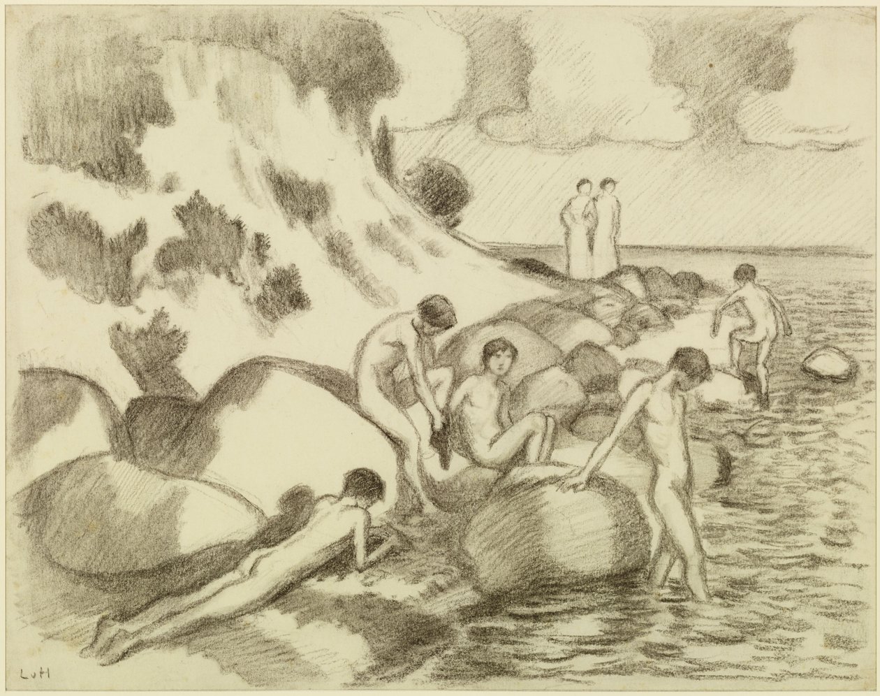 Badende jongens op het strand, op de achtergrond twee vrouwen door Ludwig von Hofmann