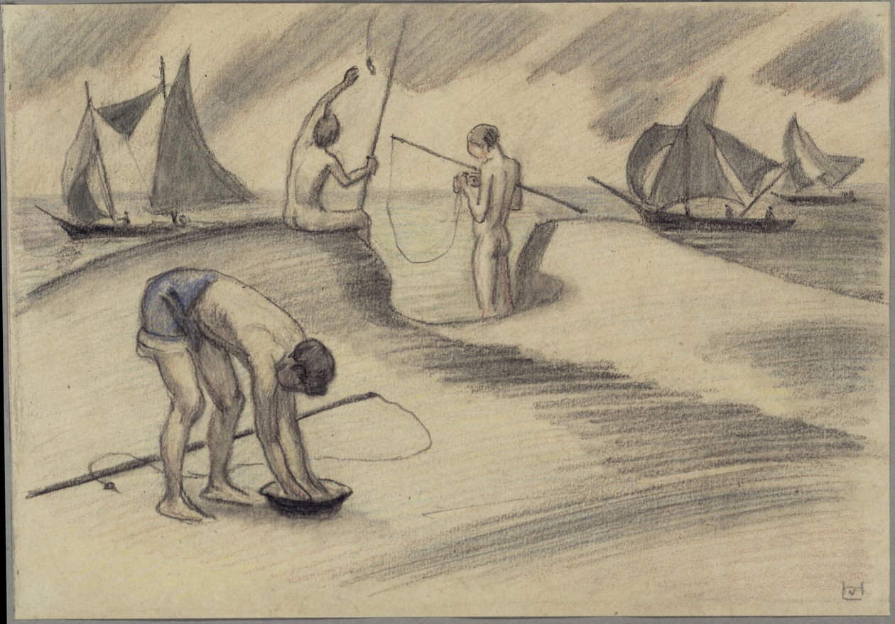 Drie vissende jongens aan zee met zeilschepen door Ludwig von Hofmann
