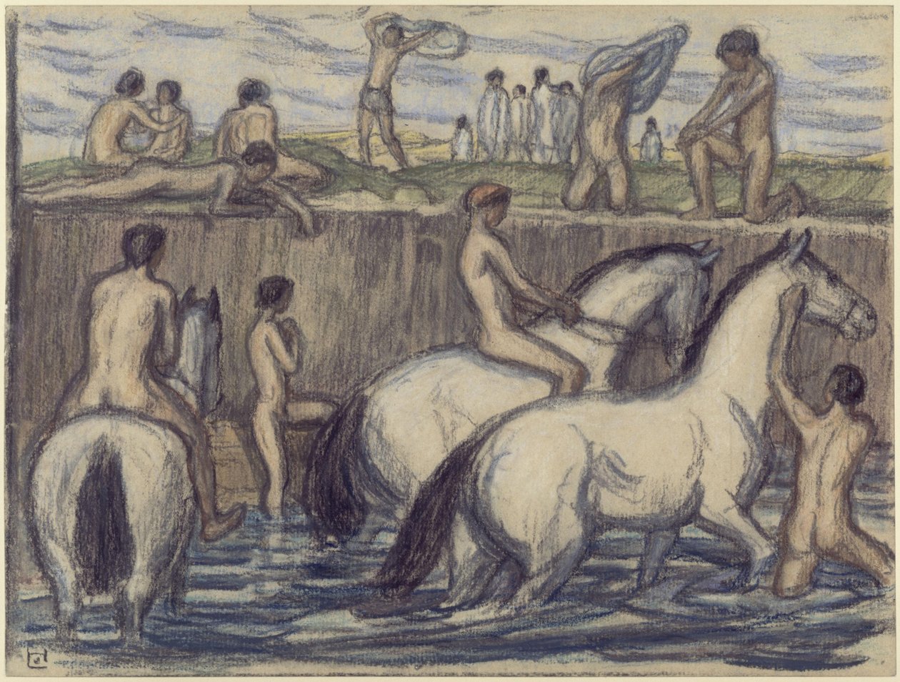 Jongemannen met paarden bij de drinkplaats door Ludwig von Hofmann
