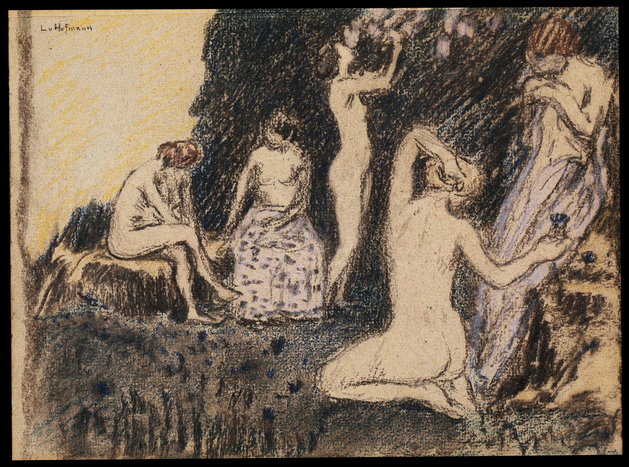 Landschap met vijf naakte vrouwen door Ludwig von Hofmann