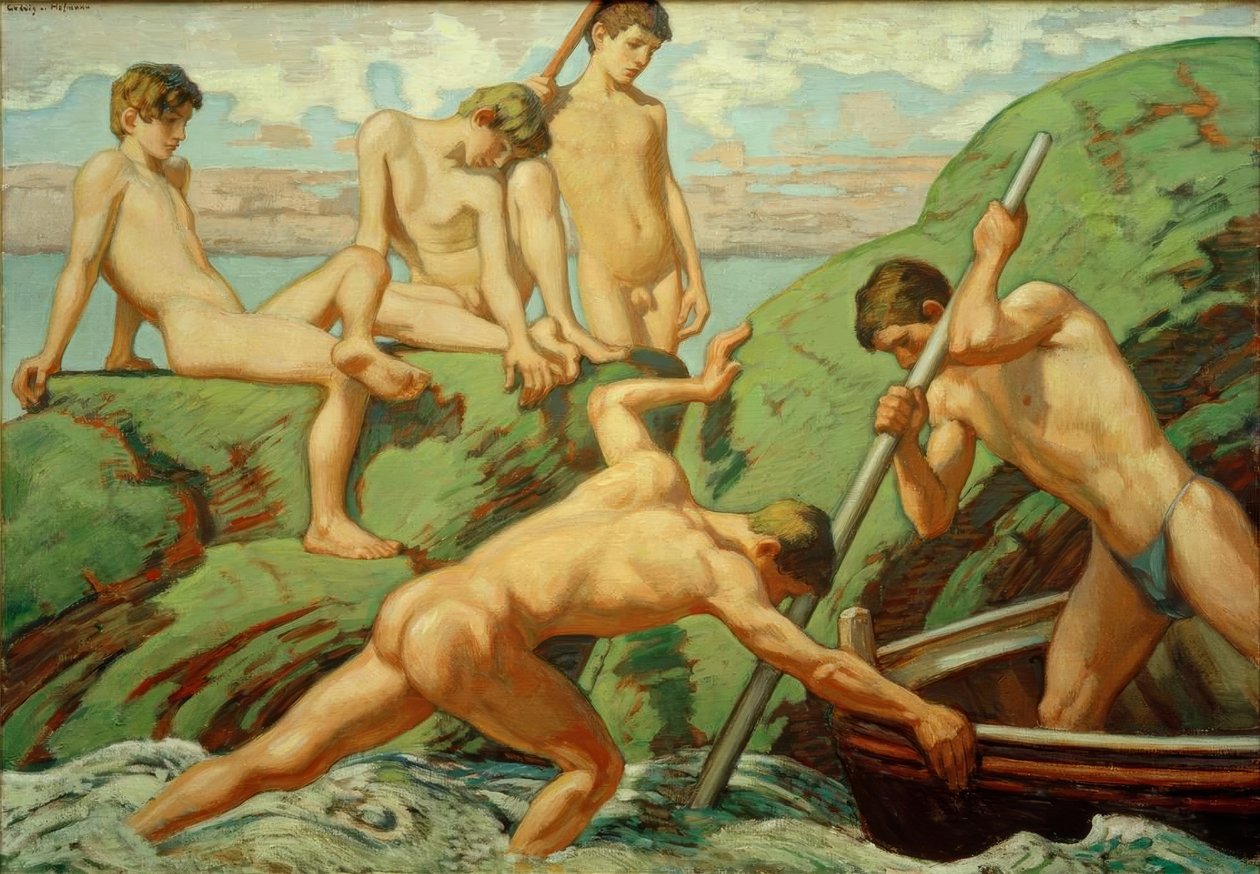 Naakte schippers (vissers) en jongens aan de groene oever door Ludwig von Hofmann