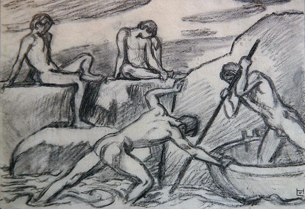 Naakte schipper en jongeren aan een groene oever door Ludwig von Hofmann