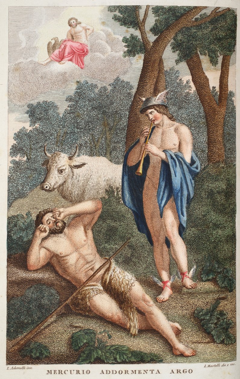 Mercurius doet Argus in slaap vallen, illustratie uit Ovidius