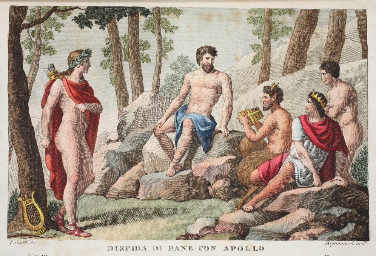 Pan en Apollo of Dinfida di Pane con Apollo, Boek XI, illustratie uit Ovidius