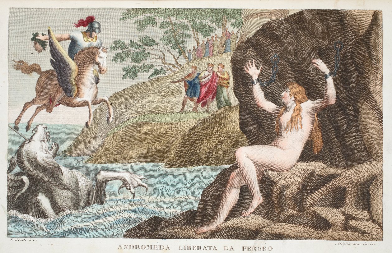 Perseus en Andromeda of Andromeda Liberata da Perseo, Boek IV, illustratie uit Ovidius
