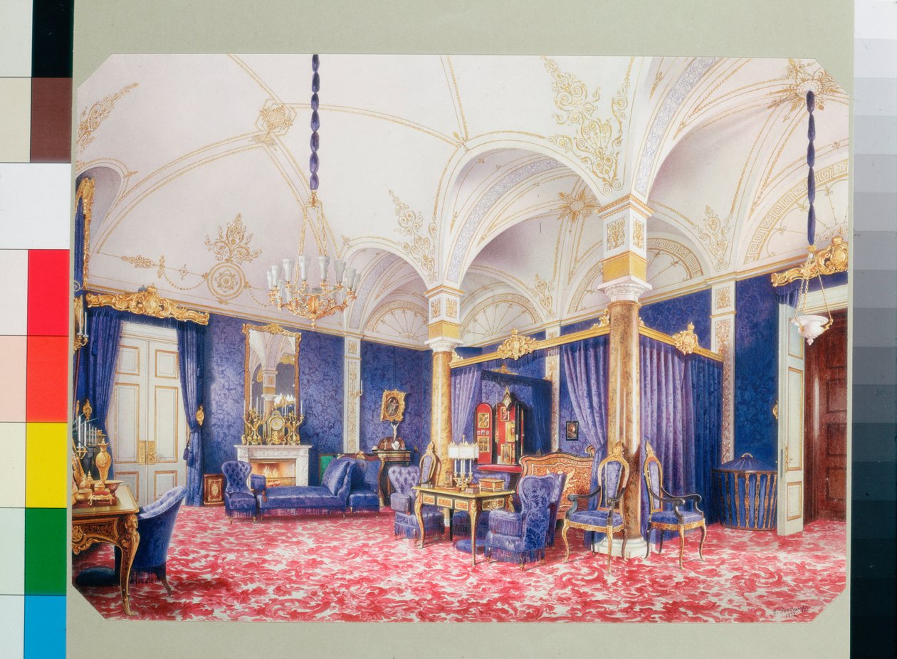 Interieurs van het Winterpaleis - De slaapkamer van keizerin Maria Alexandrovna - Aquarel op papier door Luigi Premazzi (1814-1891) door Luigi Premazzi