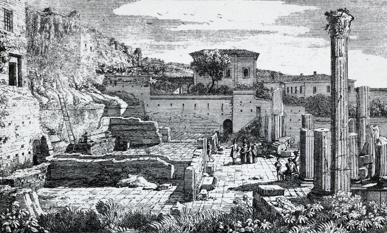Ruïnes van de Tempel van Vespasianus in Brescia, gravure door Louis Basiletti, Italië door Luigi Basiletti