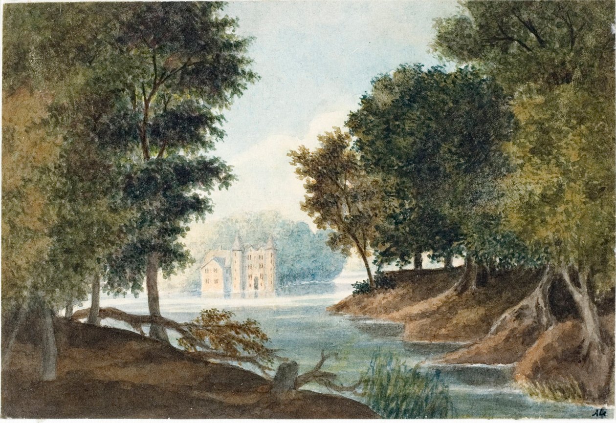 Landschap met rivier en villa door Luigi Garibbo