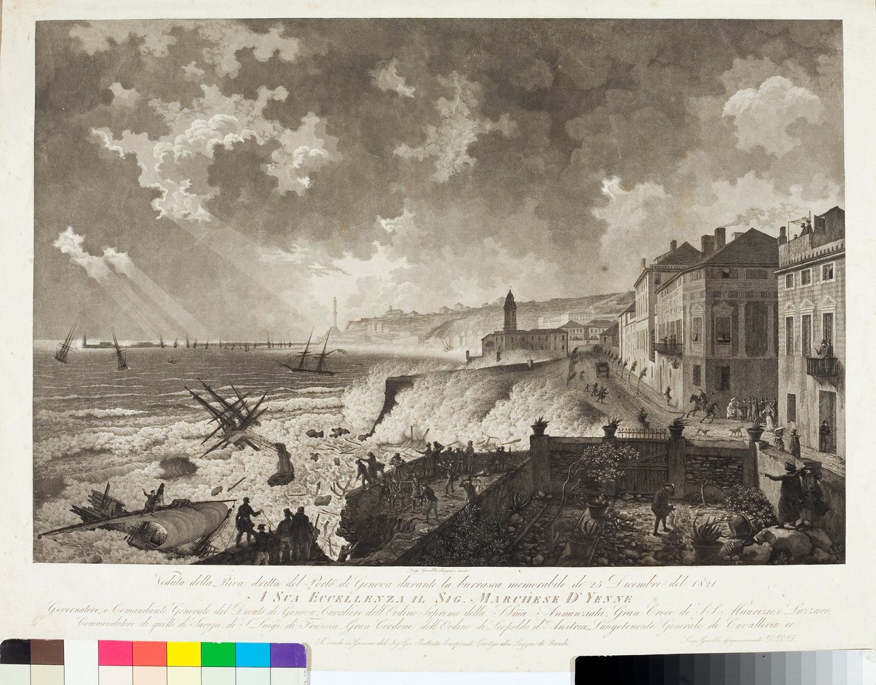 Uitzicht op de haven van Genua tijdens de storm van 25/12/1821 door Luigi Garibbo