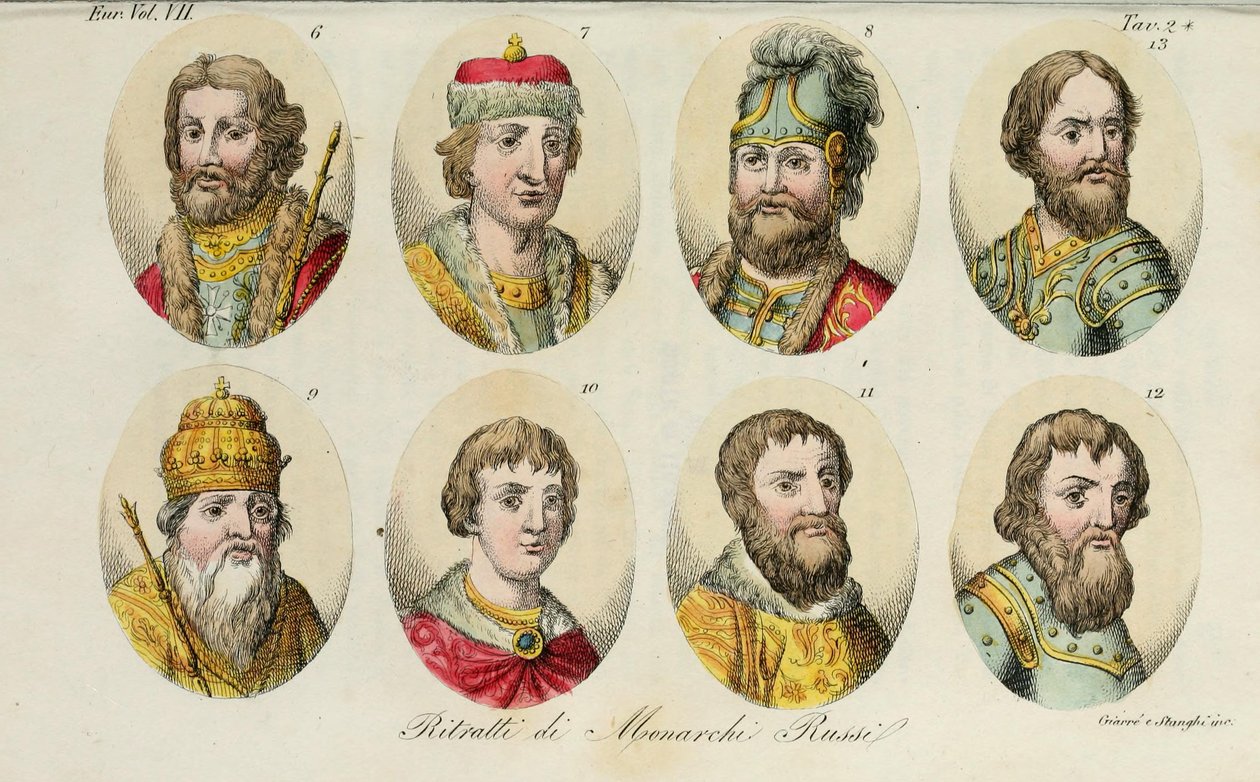 6. Jaroslav 7. Sviatoslav II 8. Sviatopolk 9. Vladimir Monomakh 10. Yuri I 11. Ivan II 12. Dmitry Donskoy 13. Ivan III, 1831 door Luigi Giarrè