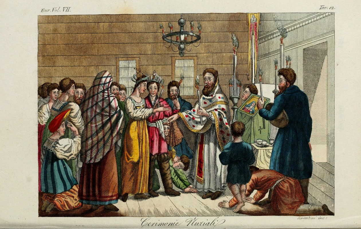 De Verloving. Illustratie uit Il costume antico e moderno o storia del governo door Giulio Ferrario door Luigi Giarrè
