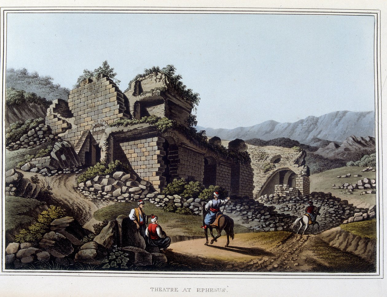 Theater in ruïnes in Efeze, vroeger oude stad van Griekenland, nu in Turkije. in “Views in the Ottoman Dominions, in Europe, in Asia, and some of the Mediterranean islands” van de originele tekeningen gemaakt door Luigi Mayer, Londen door Luigi Mayer