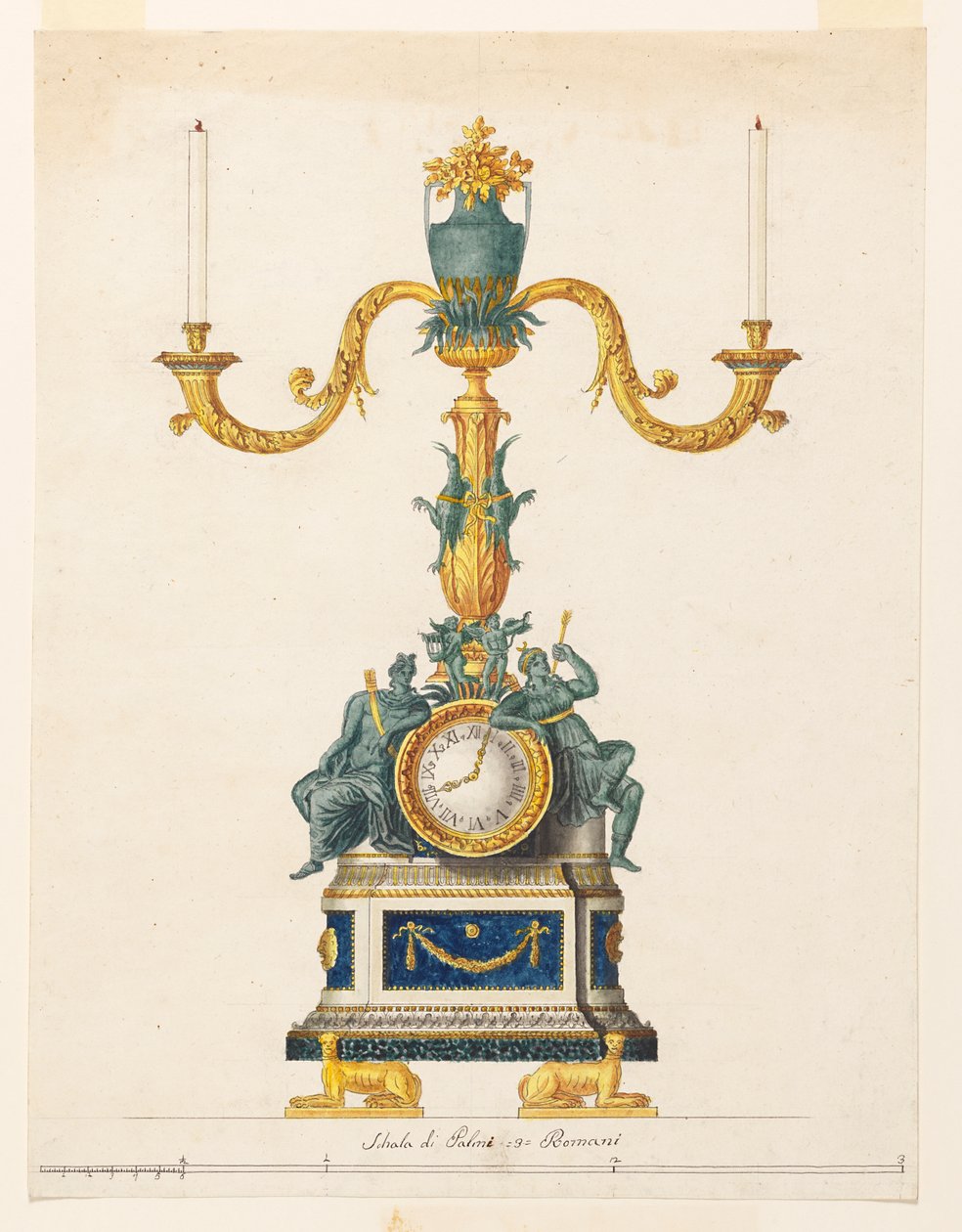 Ontwerp voor een kandelaar met een klok door Luigi Righetti