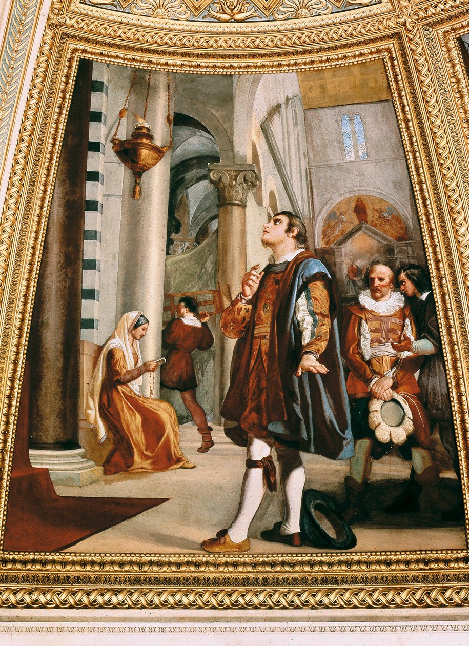 Galileo Galilei kijkt naar de kroonluchter die heen en weer zwaait in de kathedraal van Pisa 1582 door Luigi Sabatelli
