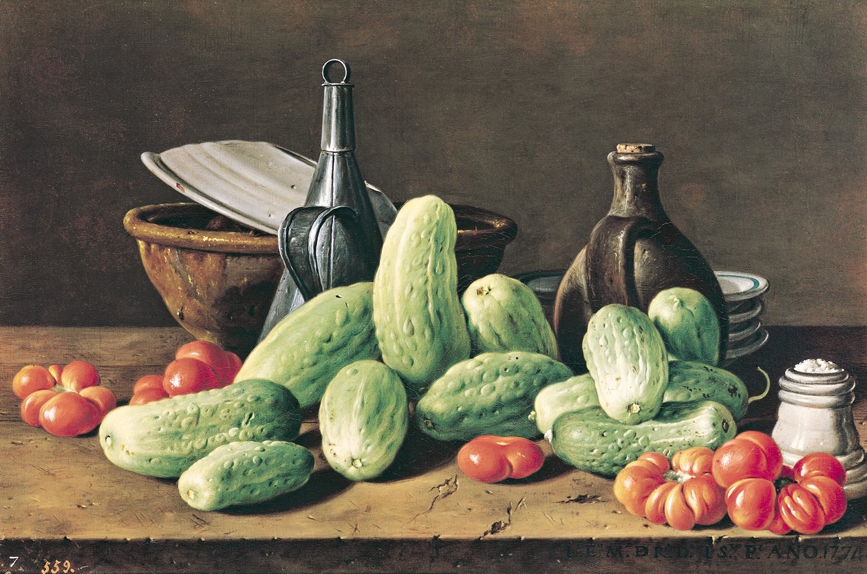 Stilleven met komkommers en tomaten door Luis Egidio Melendez