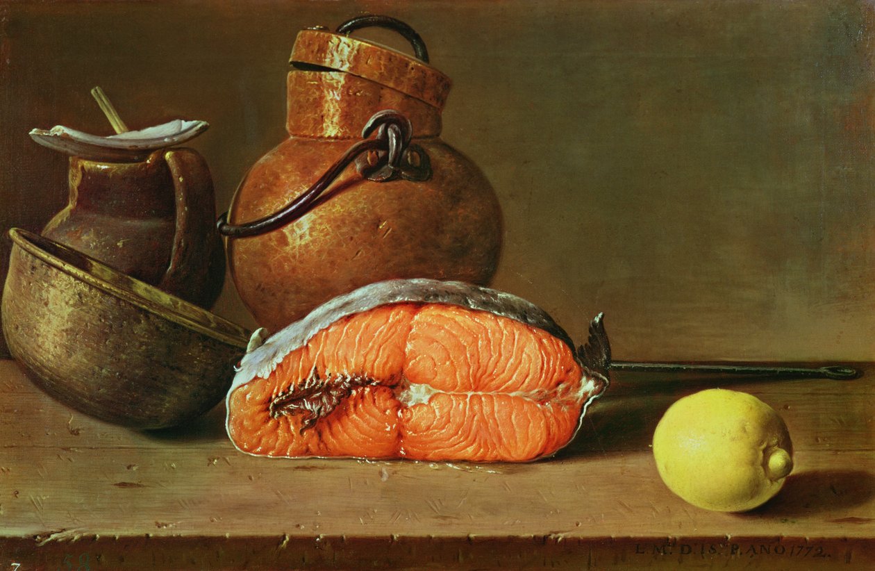 Stilleven met een stuk zalm, een citroen en keukengerei door Luis Egidio Melendez