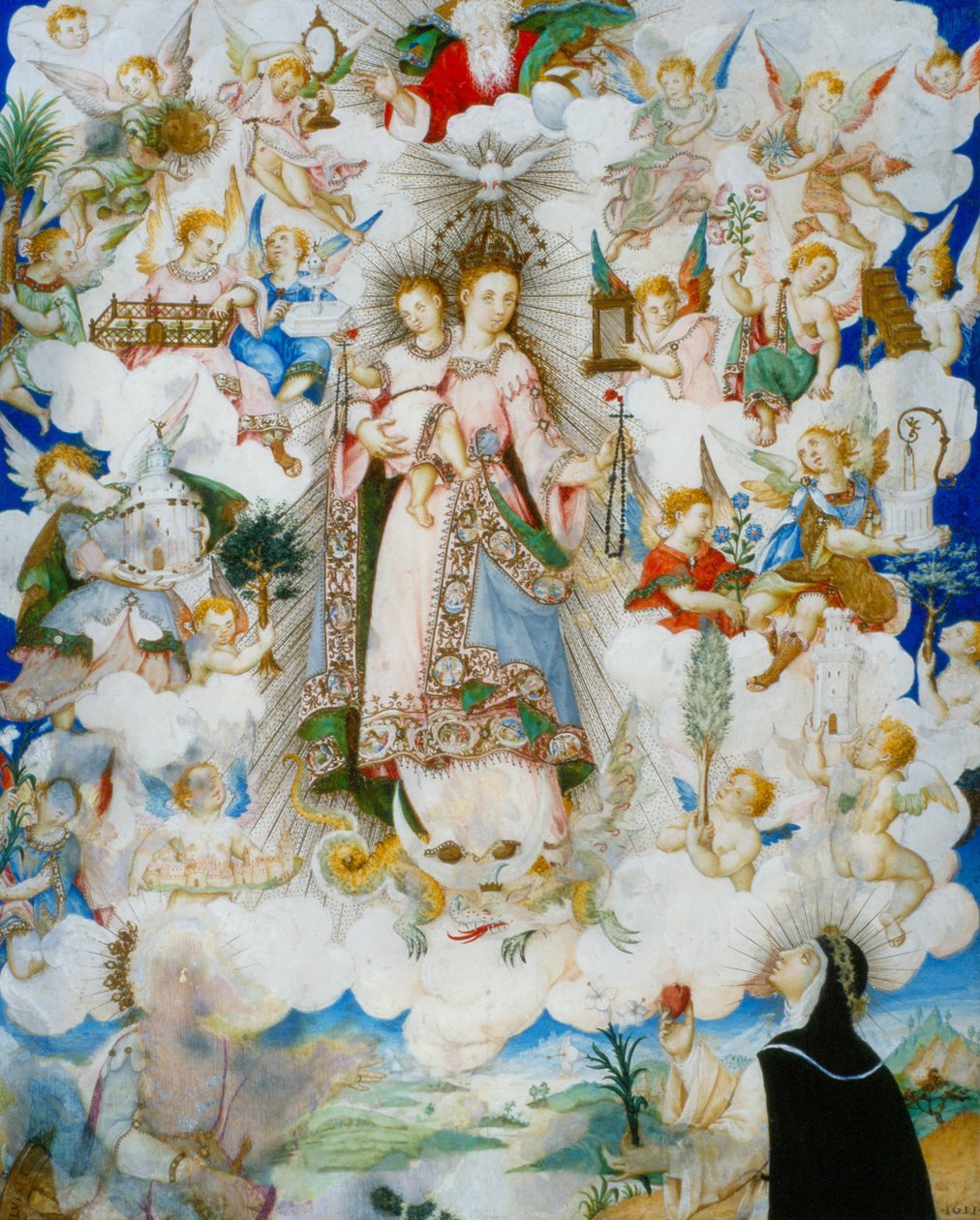 De Maagd van de Rozenkrans met Sint Catharina van Alexandrië en Sint Catharina van Siena door Luis Lagarto