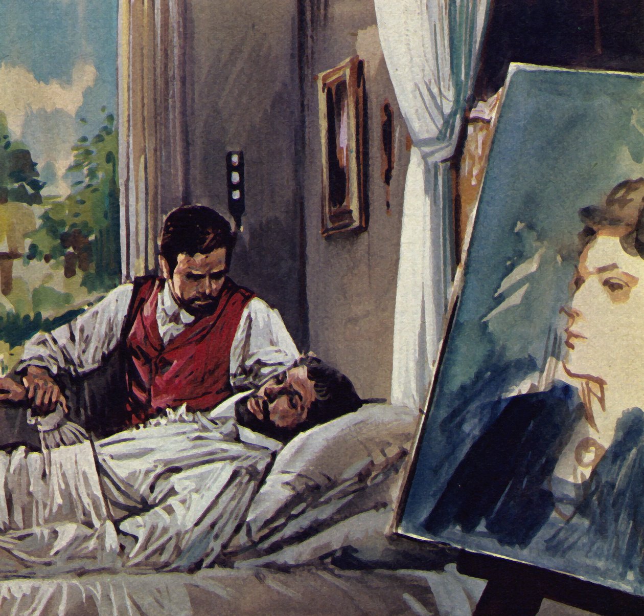 Manet stierf in de armen van zijn vriend Chabrier (kleurenlitho) door Luis Arcas Brauner
