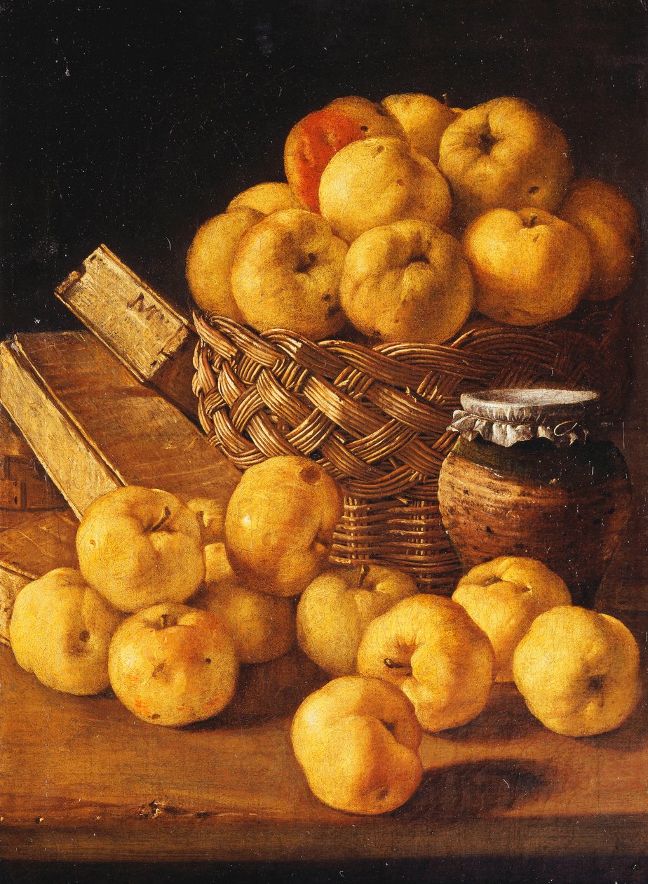 Appels in een Mand, een Pot en Kruidenbakjes op een Tafel door Luis Egidio Melendez