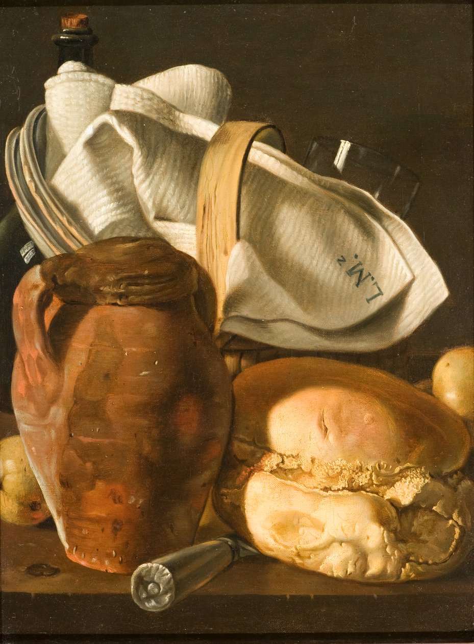 Stilleven met brood, een kruik en een servet, na circa 1830 door Luis Egidio Melendez