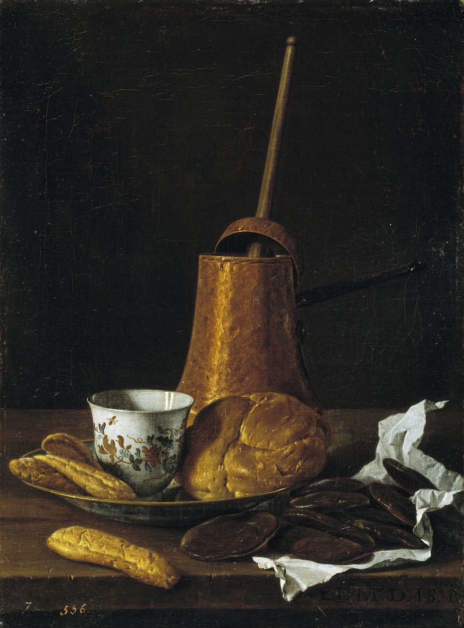 Stilleven met chocolade en gebak, 1770 door Luis Egidio Melendez