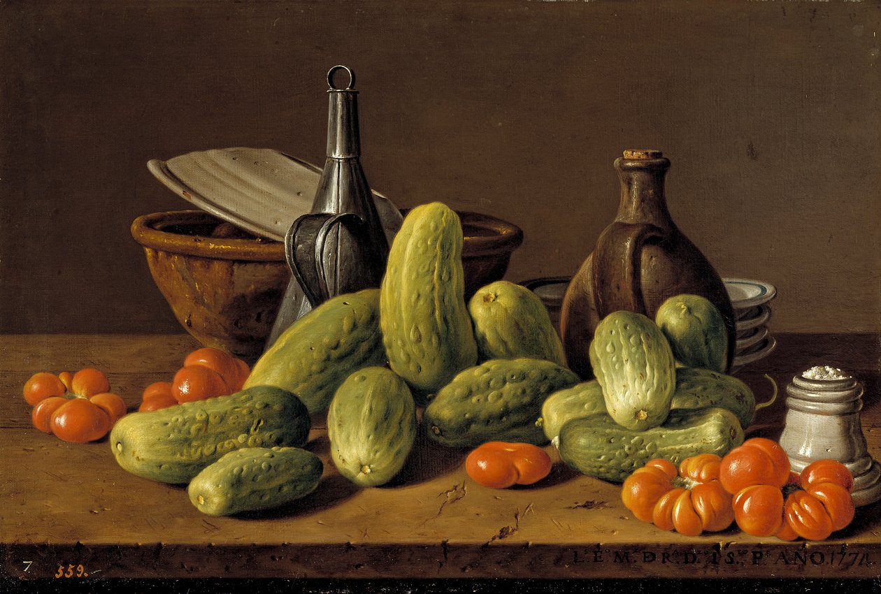 Spaans: Bodegón con pepinos, tomates y recipientes Stilleven met komkommers, tomaten en vaten door Luis Egidio Melendez
