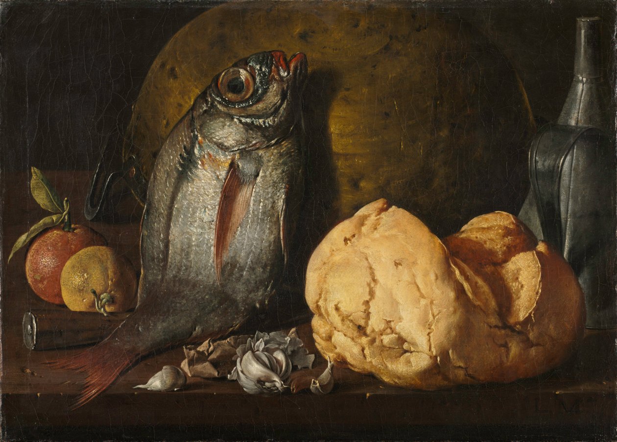 Stilleven met vis, brood en ketel, c. 1772 door Luis Egidio Melendez