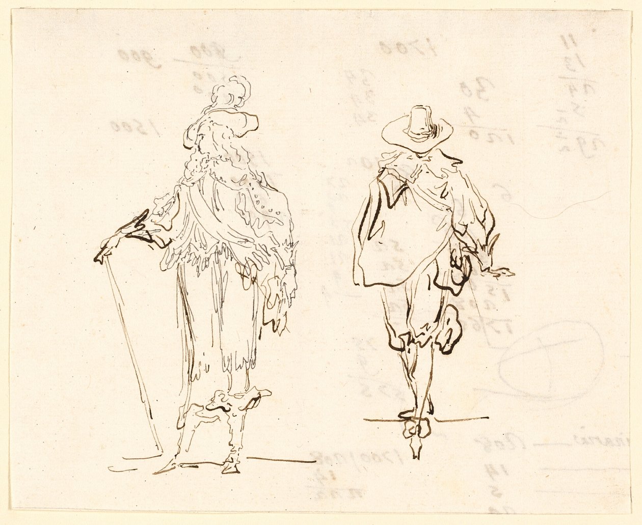 Twee figuren, de een gekleed in Franse Lodewijk XIII-stijl en de ander in Spaanse Zeventiende-eeuwse stijl door Luis Paret y Alcazar