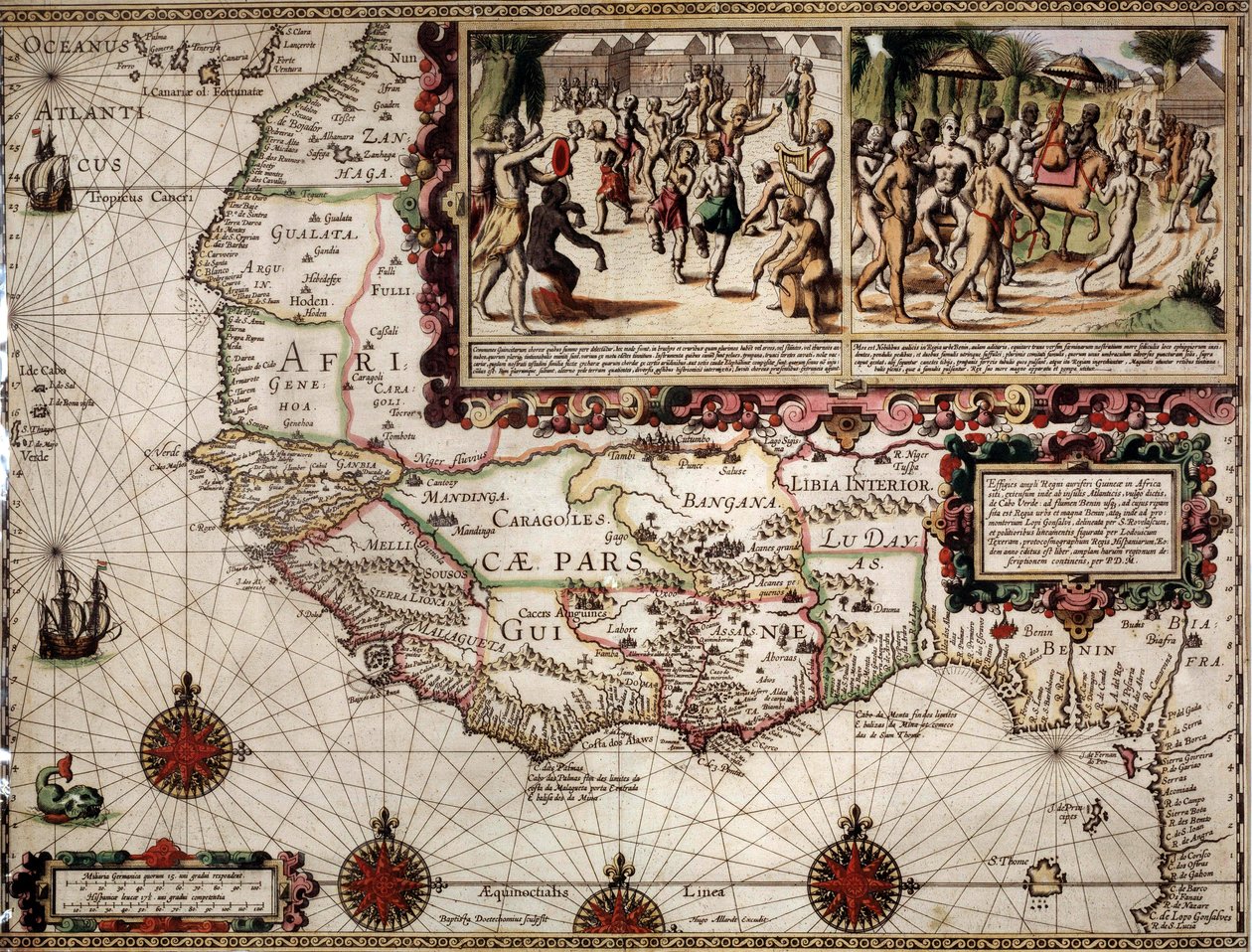 Geografische kaart van Guinee gemaakt door cartograaf Luis Teixera, circa 1586. Rechtsboven, voorstelling van een dansscène onder de inheemsen (Afrikanen). door Luis Teixeira