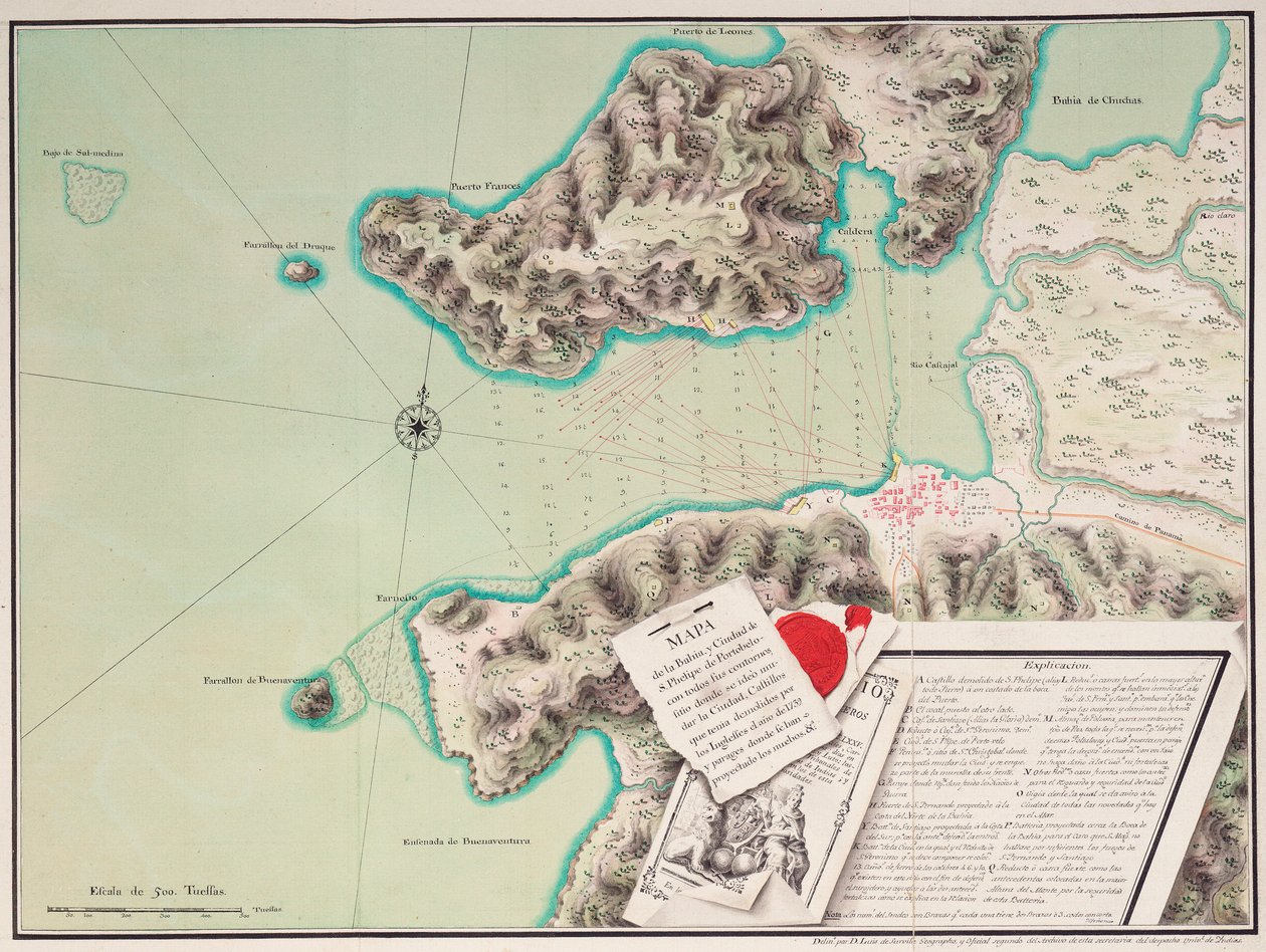 Kaart van de baai en stad S. Phelipe de Portobelo door Luis de Surville