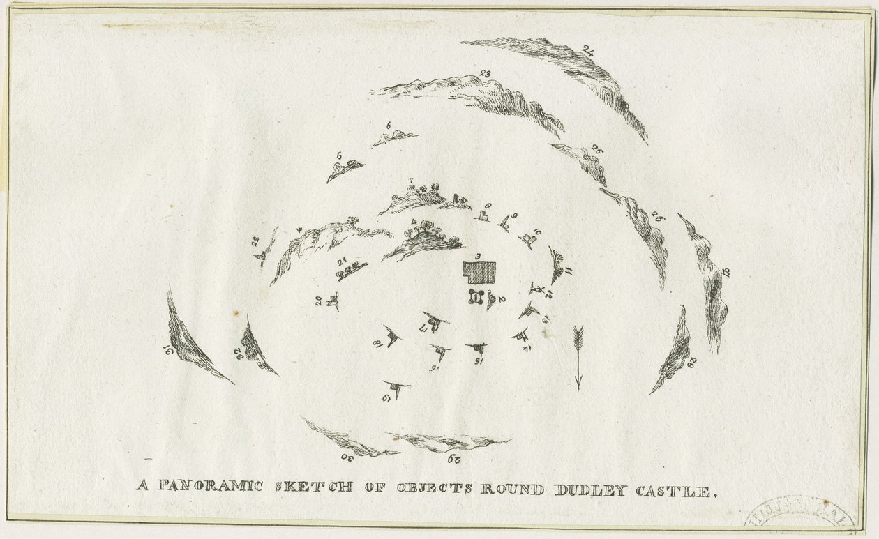 Dudley - Panorama van Dudley Castle gebied: lithografie, nd [c 1825] door Luke Booker