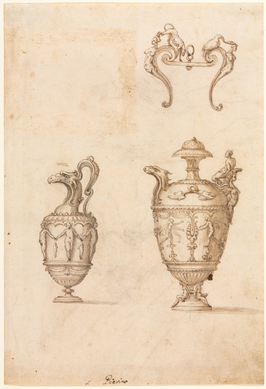 Ontwerp voor twee vazen en een ornament recto, midden 1500s door Luzio Romano