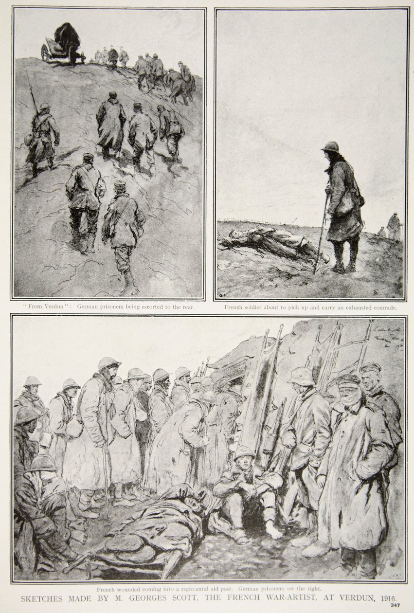 Schetsen gemaakt door een Franse oorlogskunstenaar in Verdun, 1916 door M. Georges Scott