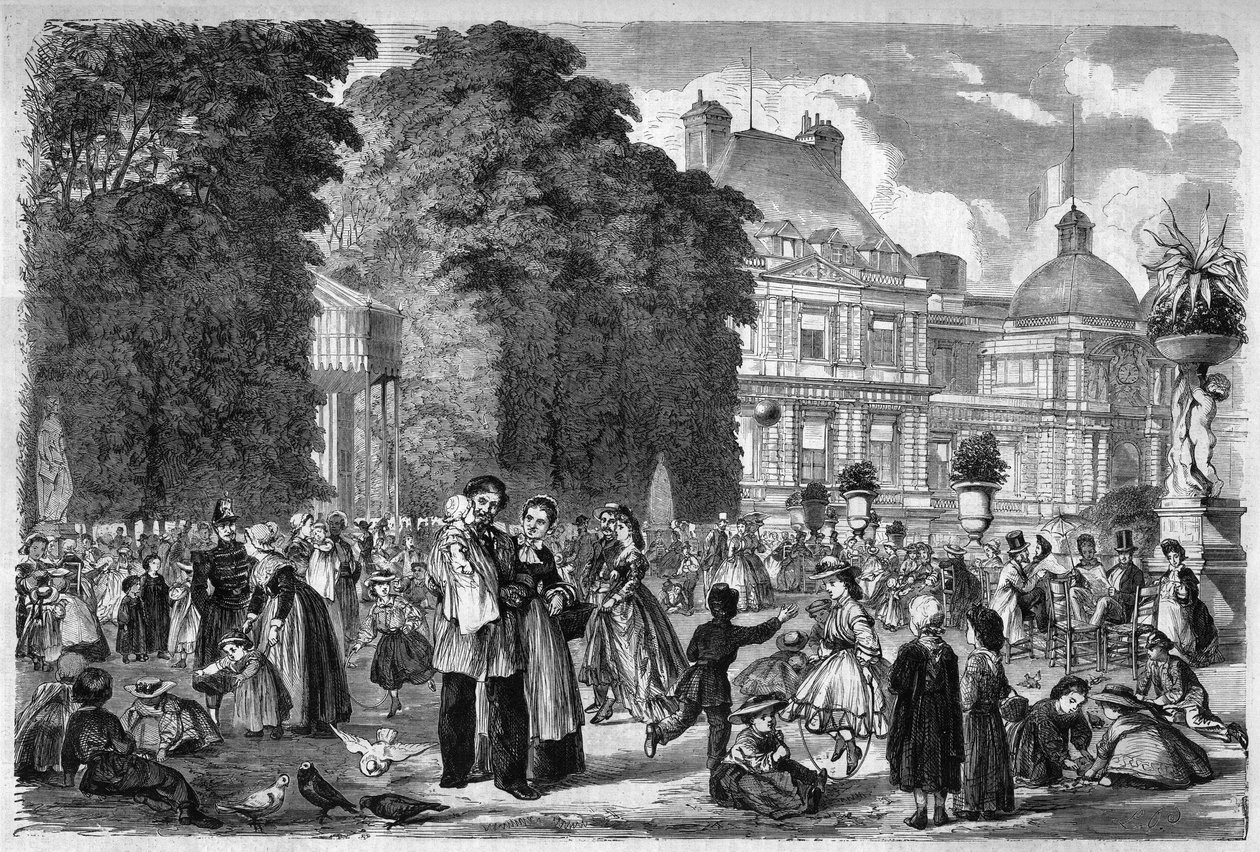 Uitzicht op de Luxemburgse Tuin in Parijs. Gravure naar een tekening van M. Pietsch in 
