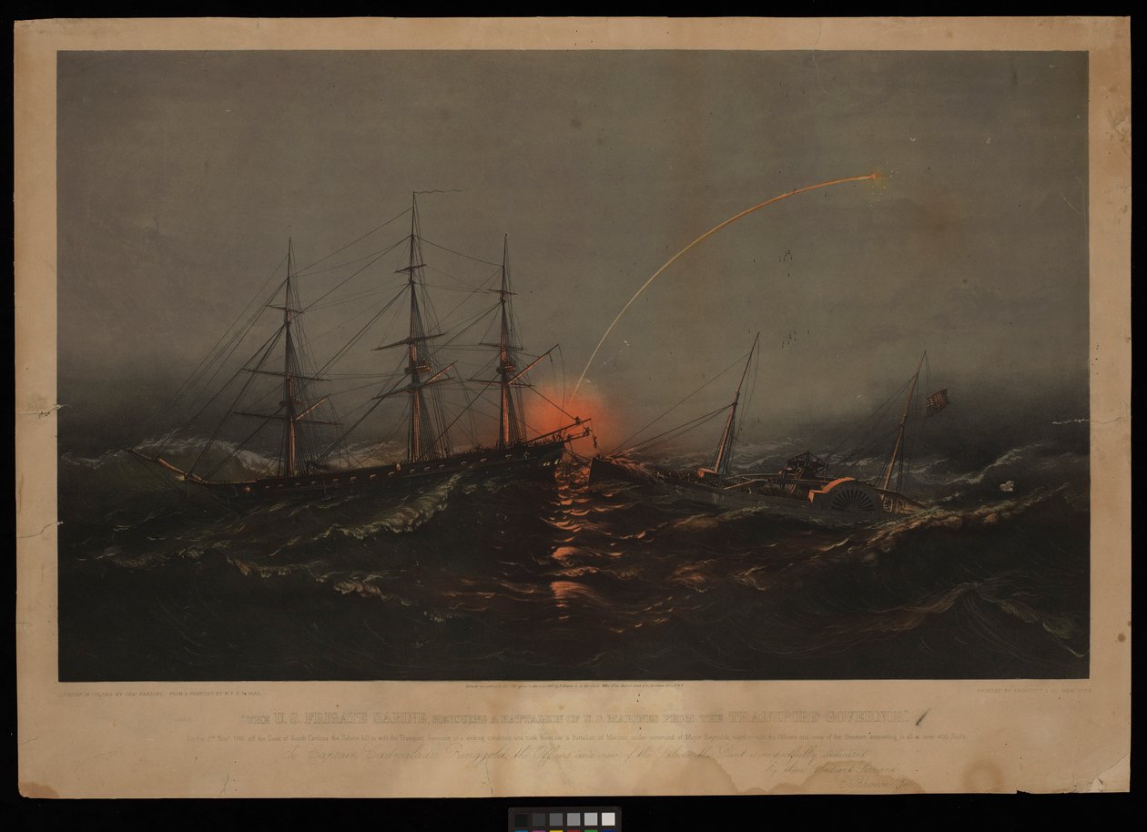 De Amerikaanse Fregat Sabine, Redt een Bataljon Amerikaanse Mariniers van het Transport Governor. Op 2 november 1861 voor de kust van South Carolina door M. F. H. De & Parsons Charles Haas