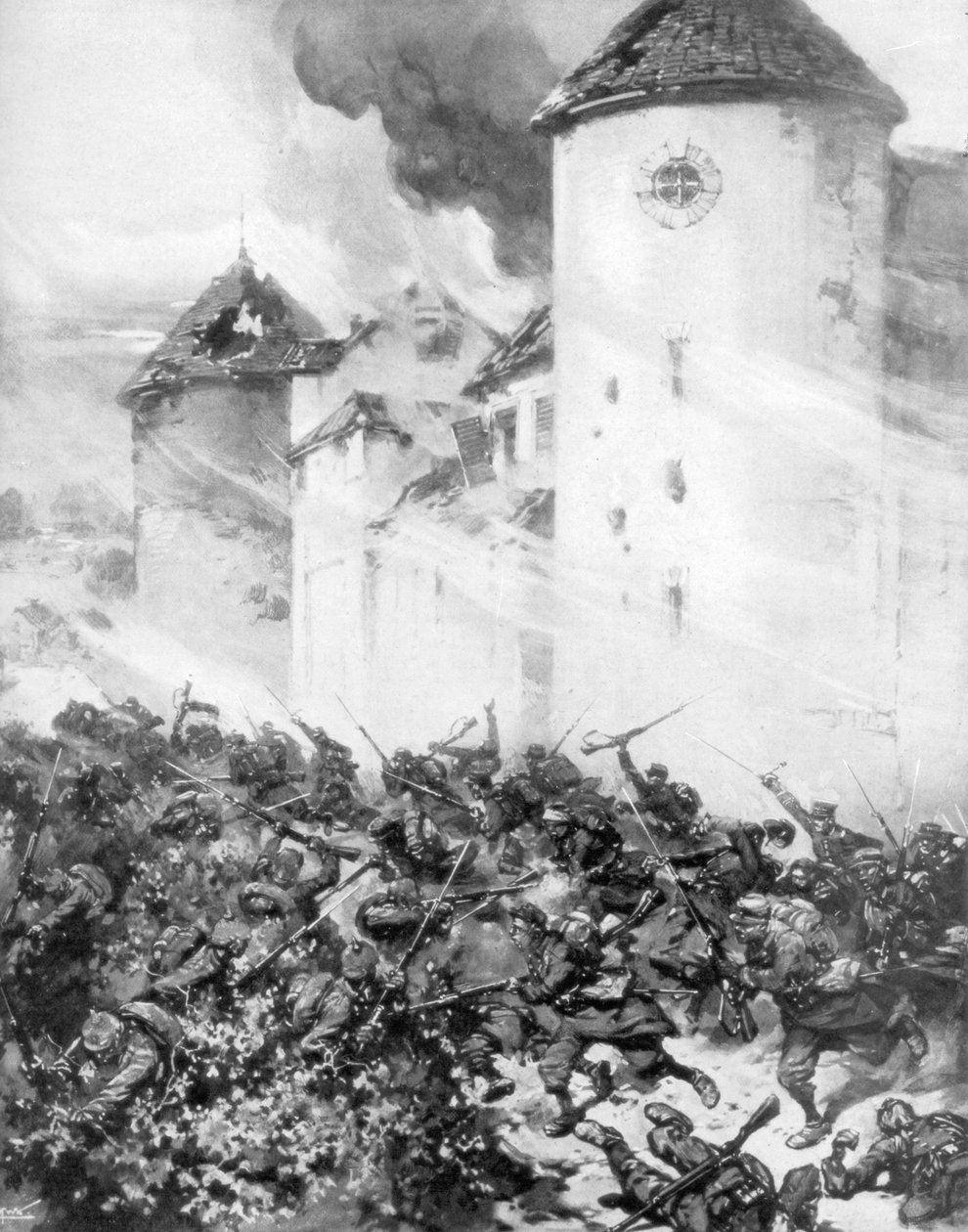 Fransen en Duitsers vechten onder de muren van Chateau de Mondement, Frankrijk, 1914 door M. H. W. Koekkok