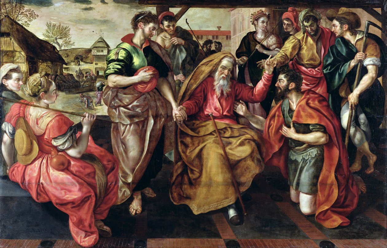 Eliezer vraagt Rebecca om met Isaac te trouwen, 1562 door Maarten de Vos