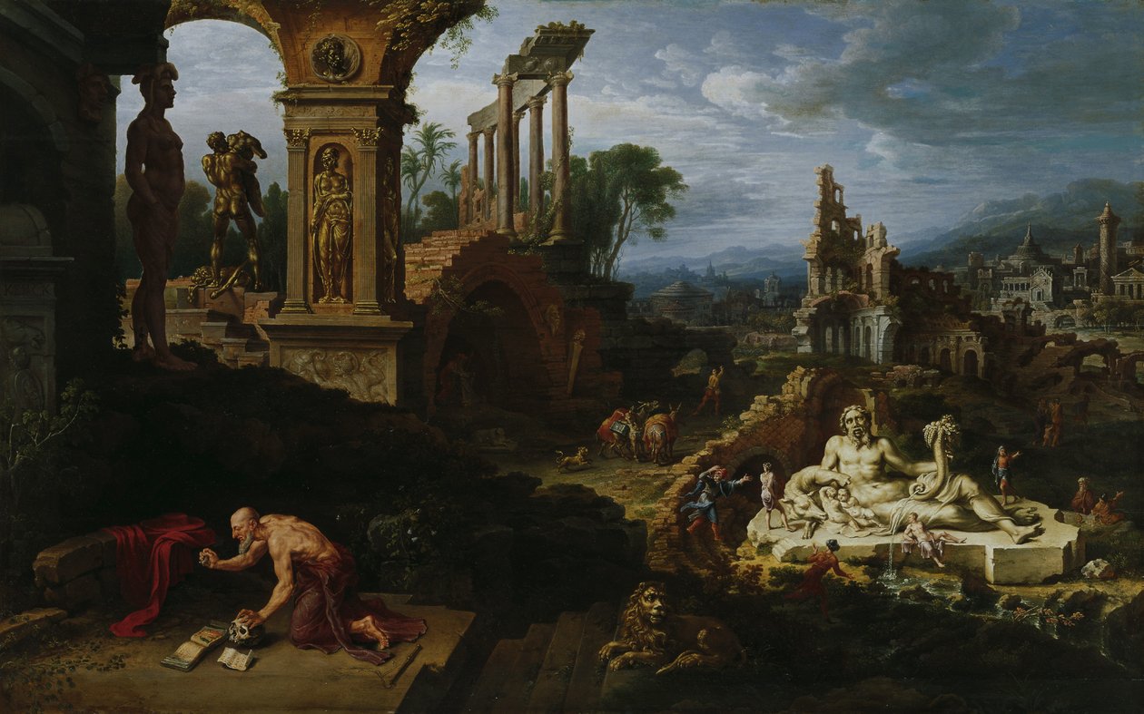 Landschap met de Heilige Hiëronymus door Maarten van Heemskerck