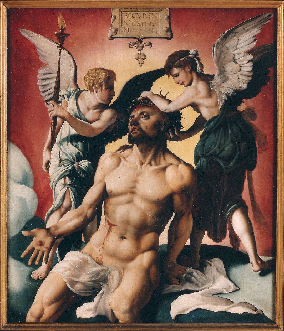 Christus gekroond met doornen tussen twee engelen door Maarten Jacobsz Heemskerck van